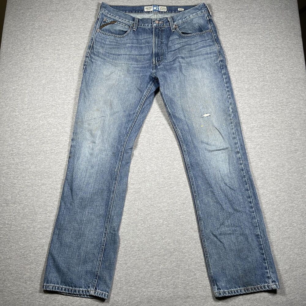 Ariat Legacy M2 Jeans Mens 34x32 Blue Light Wash Relaxed Boot Cut Distressed